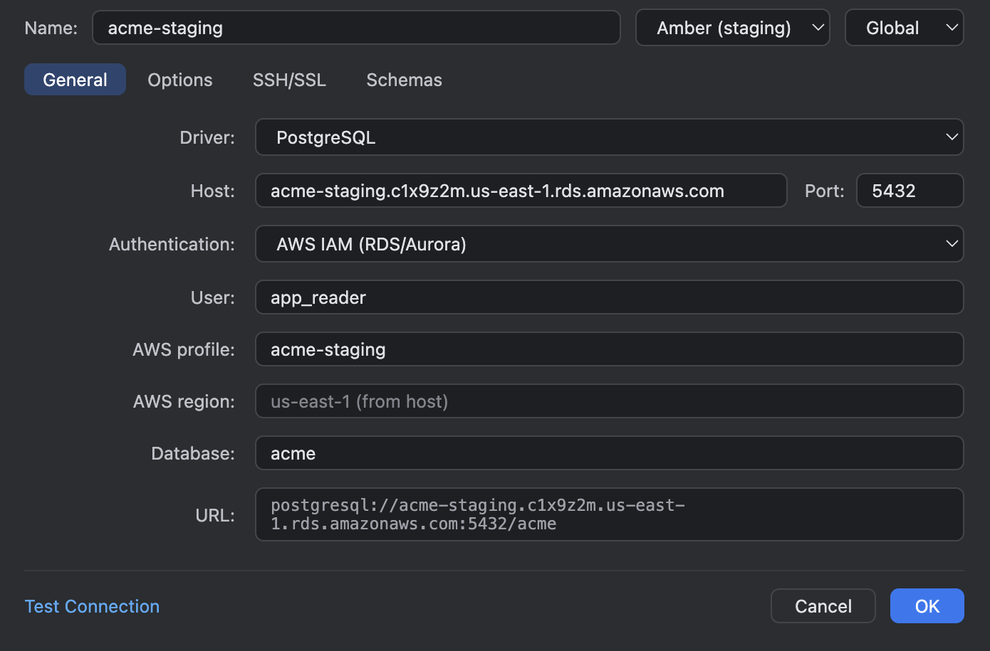 AWS IAM (RDS/Aurora) chosen: the Password row gives way to the AWS profile and a region read off the RDS host name.