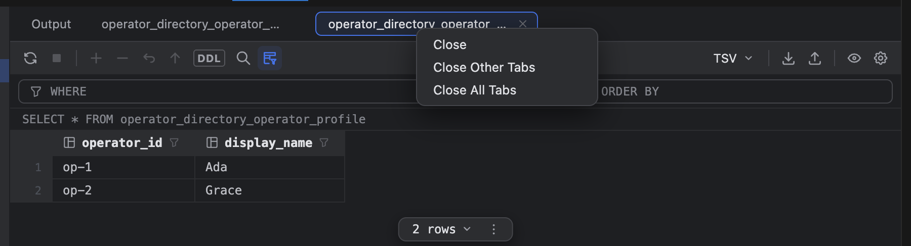 Two result tabs named after a long table, the active one with its close icon, and its right-click menu listing Close, Close Other Tabs and Close All Tabs.