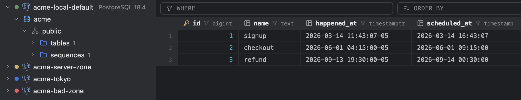 The events table on a Local-default source from Jamaica: happened_at, a timestamptz, in -05; scheduled_at, a timestamp, unchanged.