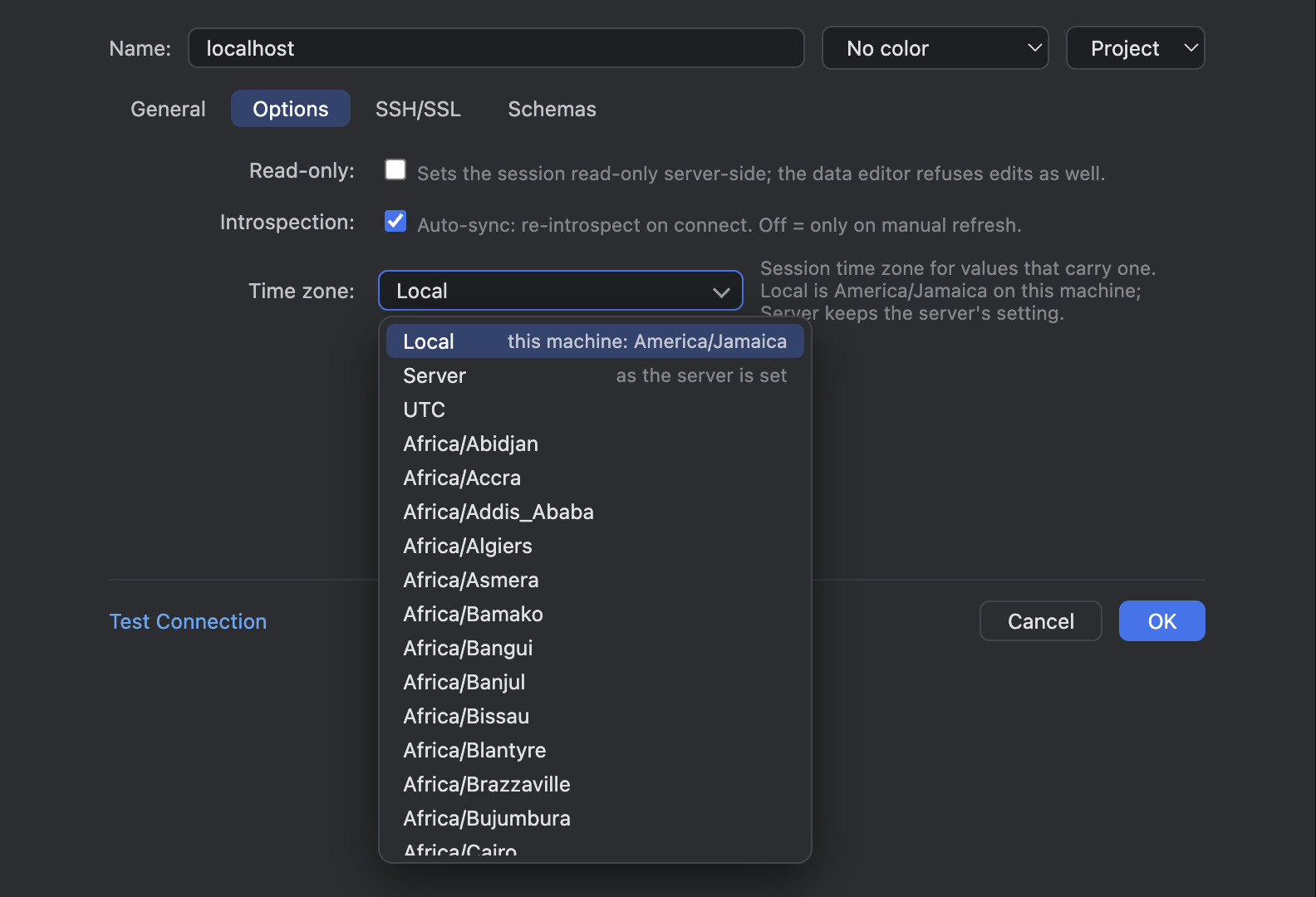 The Options tab of the Data Sources dialog with the Time zone field open: Local (this machine: America/Jamaica), Server (as the server is set), UTC, then the zone list.