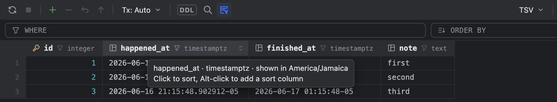 The column header tooltip drawn in-page in a floating window, naming the zone the column is shown in.