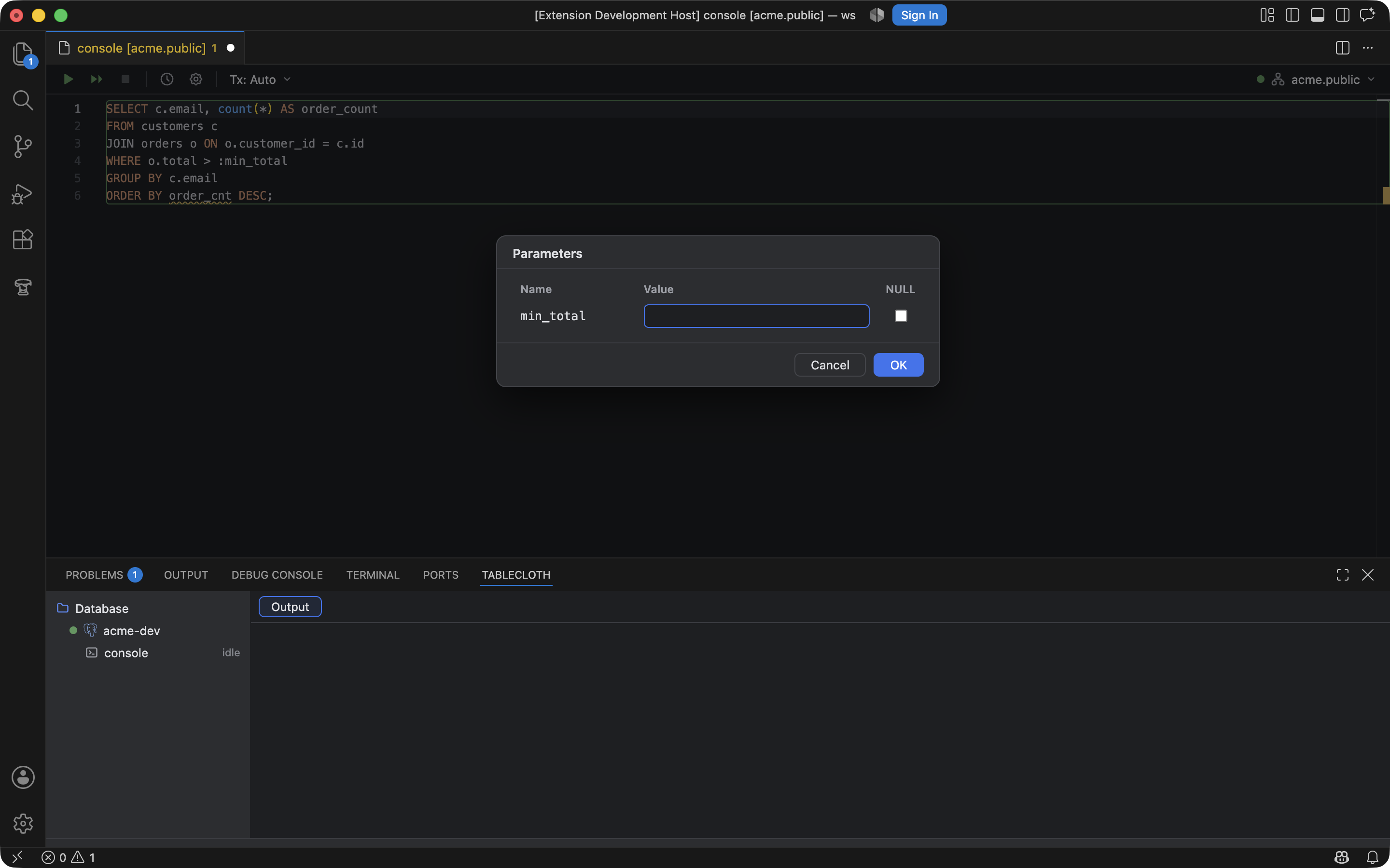 A console with an inspection warning, a :min_total parameter, and the Parameters dialog.