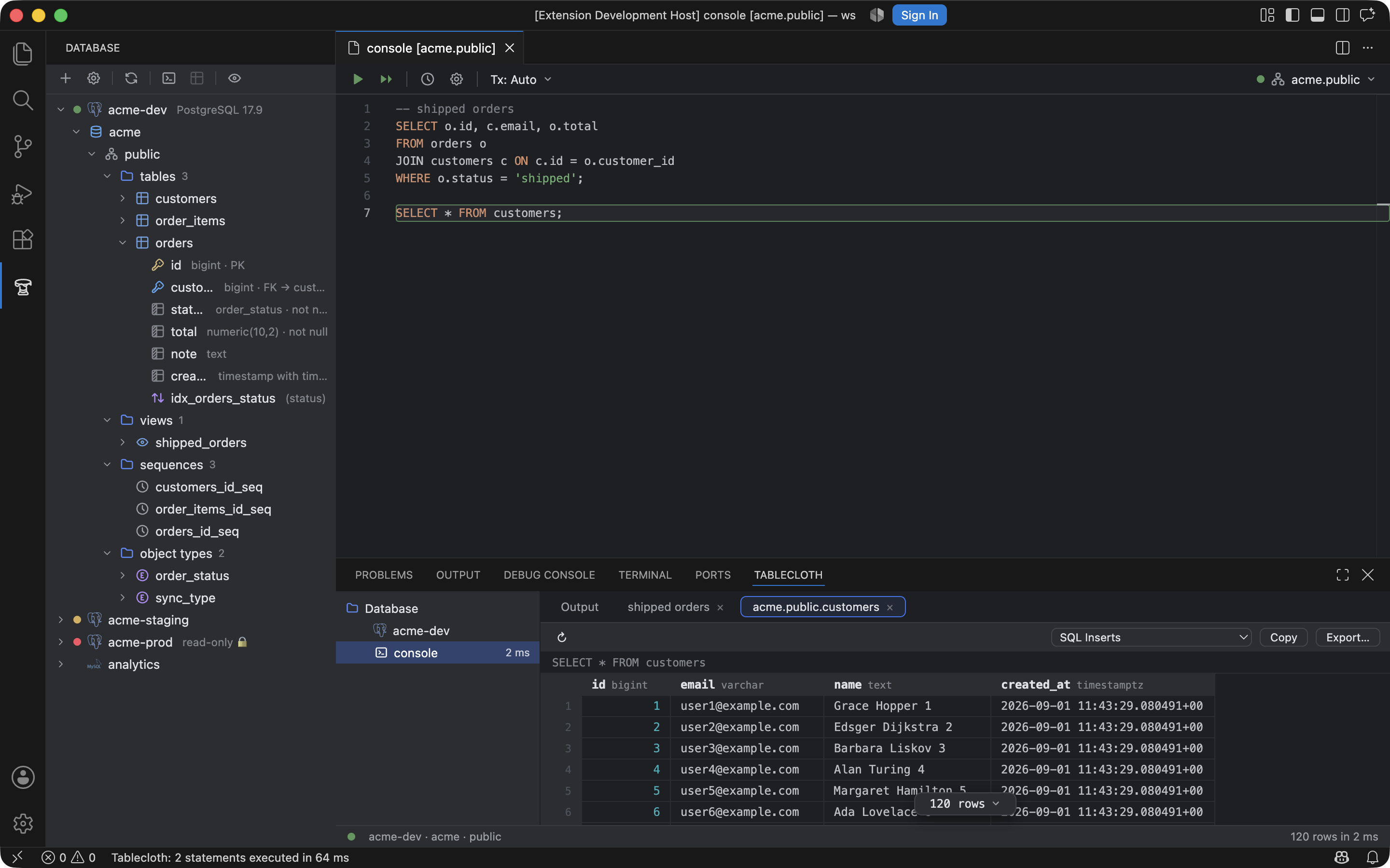 The Database explorer, a console bound to acme.public, and the Tablecloth panel with named result tabs and a grid.