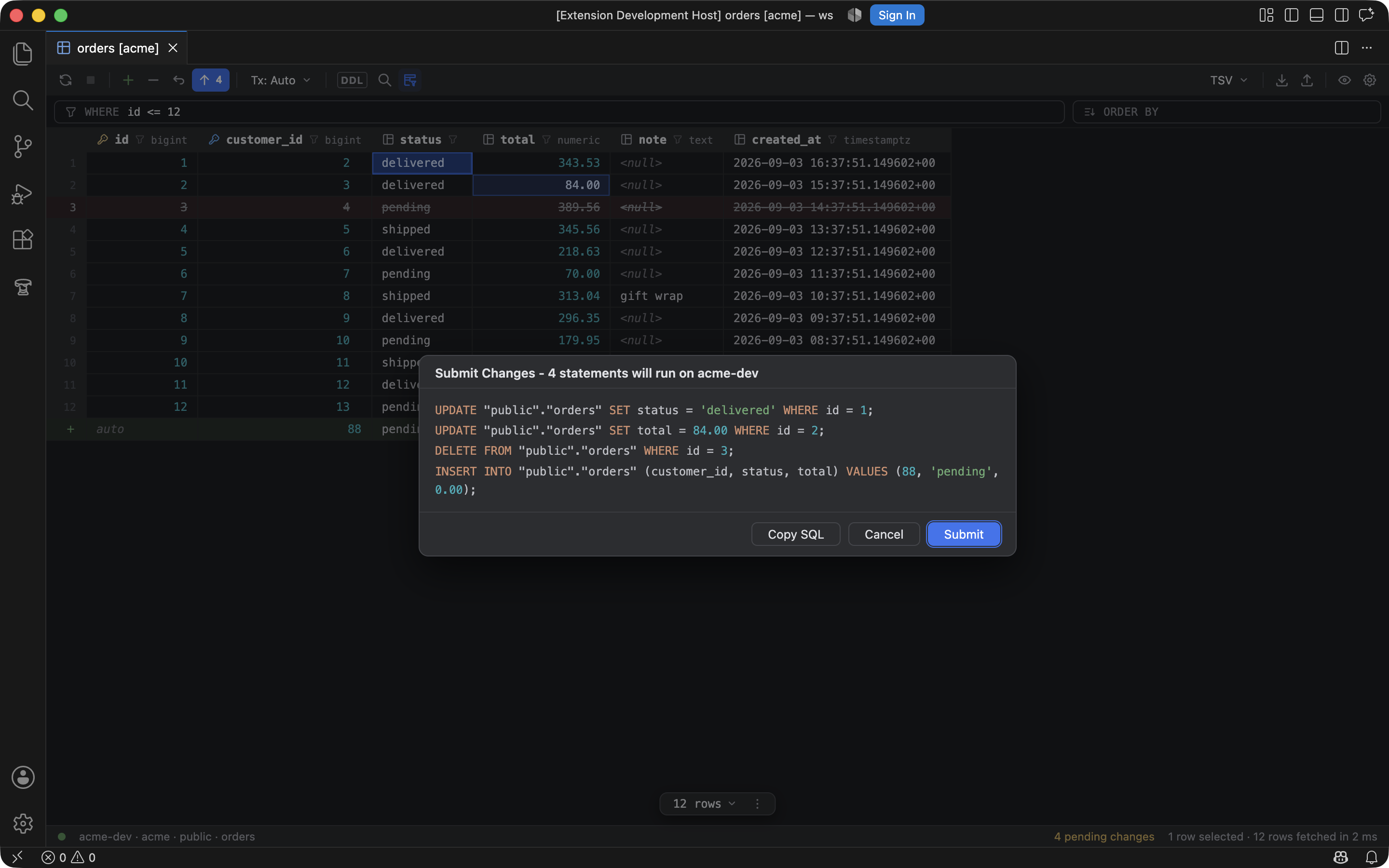 The data editor with edited cells, a deleted row, an added row, and the Submit Changes preview.